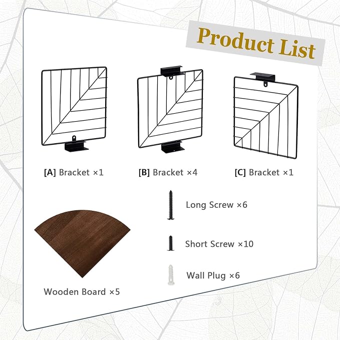 Love-KANKEI Corner Wall Shelf 5 Tier,Solid Wood with Bracket,51"Tall,Walnut | Easy to Install,Leaf-Shaped Floating Wall Shelves,Capacity 44 Lbs,For Bedroom Living Room Bathroom Kitchen Office,Display