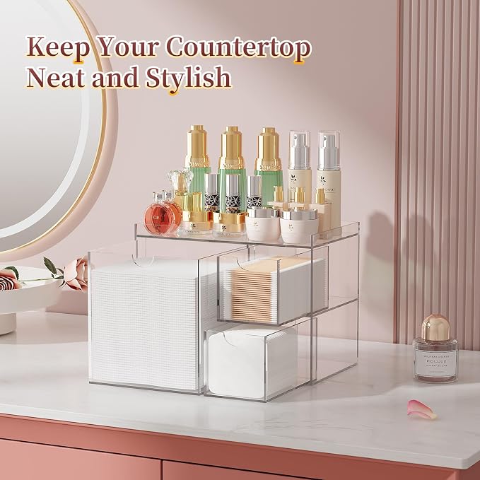 Youdepot Clear Acrylic Face Towel Holder with 3 Drawers | Disposable Face Towel Organizer for XL Facial Towels, Cotton Pads, Swabs, Skincare Tools, Bathroom Vanity Countertop, Storage