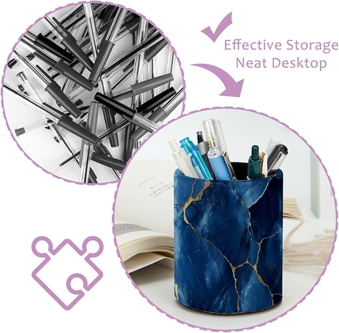 Faux Leather Pen Holder for Desk, Pencil Organizer Blue Gold Marble Texture Pen Cup Desk Decor Makeup Brush Holder Storage for Office Home