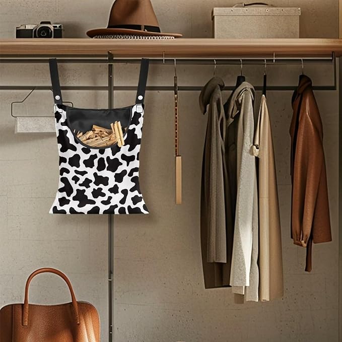Milk Cow Print Clothespin Bag with Hanging Hook Summer Laundry Clothes Pin Holder Waterproof Clothes Pin Hanging Bag Clothespin Storage Organizer with Large Opening