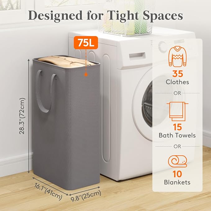 Lifewit Slim Laundry Hamper, Narrow Small Laundry Basket with Handle for Dirty Clothes, Collapsible Tall Thin Laundry Bin for Bathroom Bedroom Dorm College, 75L, Grey