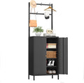 Tall Metal Shoe Cabinet with Coat Rack,Farmhouse Shoe Storage Cabinet with Doors,Hanging Bar,Hooks for Entryway, Hallway, and Living Room,2in1 Hall Tree with 3 Adjustable Shelves(Black)