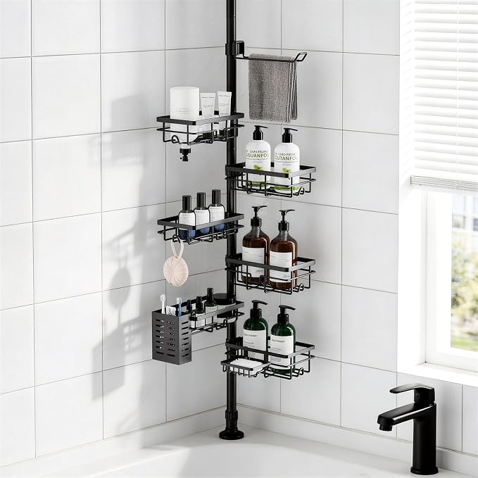 Shower Caddy Organizer Tension Pole, Rustproof 6-Pack Corner Shelf with 30-120 Inch Adjustable Shower Rack for Inside Shower, Extra Towel Bar & Soap Dish for Bathroom Organizers and Storage, Black