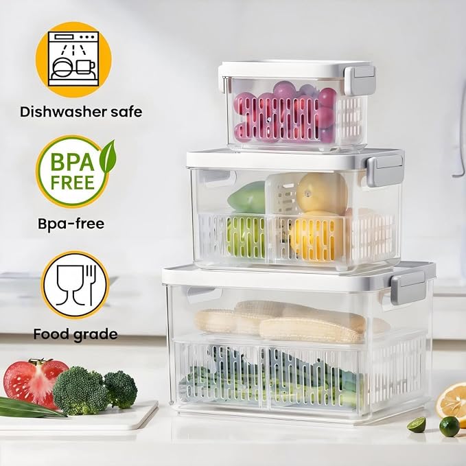 vacane Produce Saver, Fruit Storage Containers Produce Containers Berry Containers with Colanders, 3.8 Cup