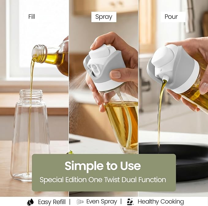 Olive Oil Dispenser for Kitchen 2-in-1 Pour and Spray | 7.7 oz / 230 ml | Glass Olive Oil Sprayer for Cooking, Airfryer, Salad & BBQ | Set of 2 Bottles, White