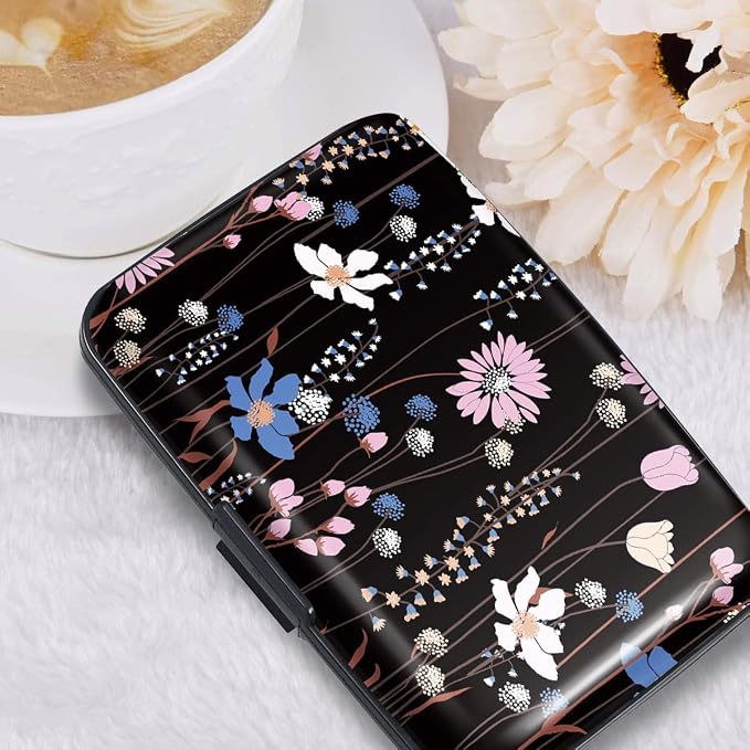 Coco Rossi Credit Card Holder RFID Aluminum Small Mini Wallet Women | Metal Wallet, Business Cards Holder, ID Case, Slim Sleeves, Womens Girls Gift, Carry Proof Wallets for Travel, Black Daisy
