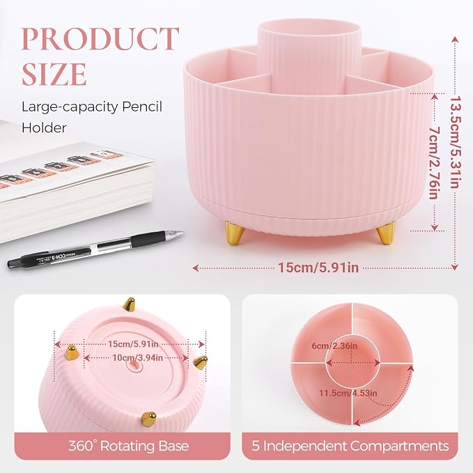 KONVINIT Pencil Pen Holder for Desk, 5 Slots 360 - Degree Rotating Desktop Organizer, Cute Desk Organizers and Accessories for School, Home, Office and Art Supply, Pink