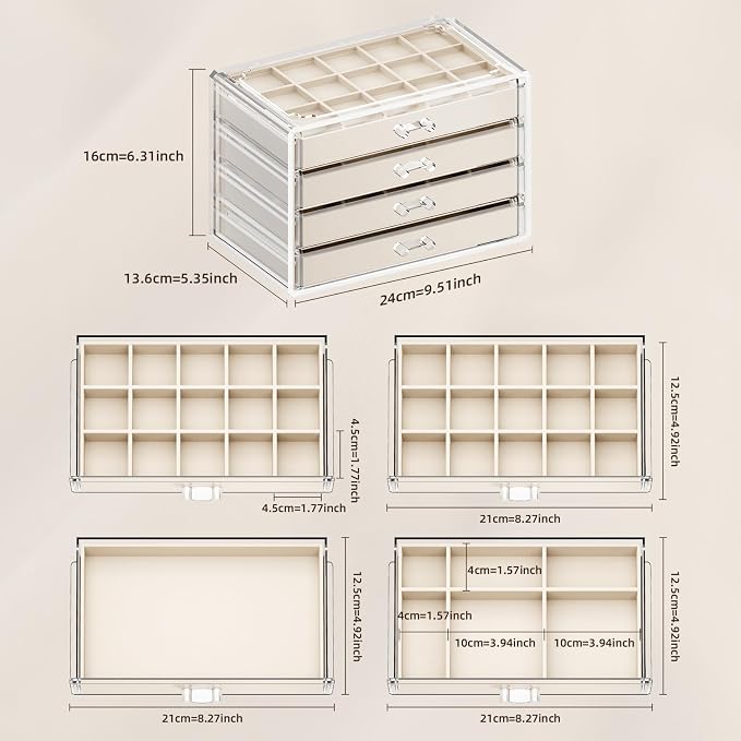 Clear Jewelry Box with 4 Drawers, Acrylic Jewelry Organizers and Storage with Velvet Trays, Earring Holder Organizer for Women and Girls, Warm White
