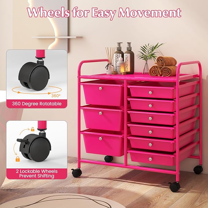 Moccha 9-Drawer Rolling Storage Cart - Under Desk Storage Drawers with wheels for Craft Art Supply Paper Salon, Scrapbook Paper Tools, Mobile Utility Cart for Classroom, Hot Pink