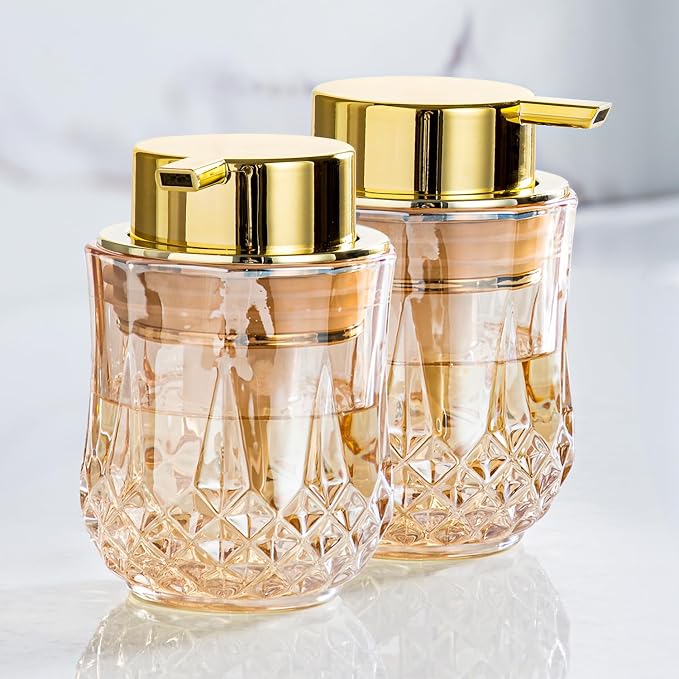 Gold Foaming Soap Dispenser Set- 2 Pack Bathroom Hand Foam Soap Dispensers,Glass Refillable Dish Soap Dispenser,Modern Home Soap Dispenser for Bathroom,Kitchen (Gold Foam Type/2Pcak)