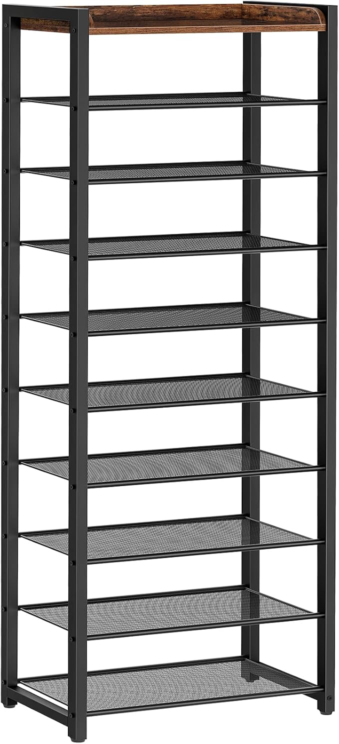 HOOBRO 10 Tier Shoe Rack, Large Capacity Shoe Storage for 18-20 Pairs, Sturdy Metal Shoe Shelf for Closet Entryway, Space Saving Shoe Organizer for Sneakers Heels, Rustic Brown BF40XJ01