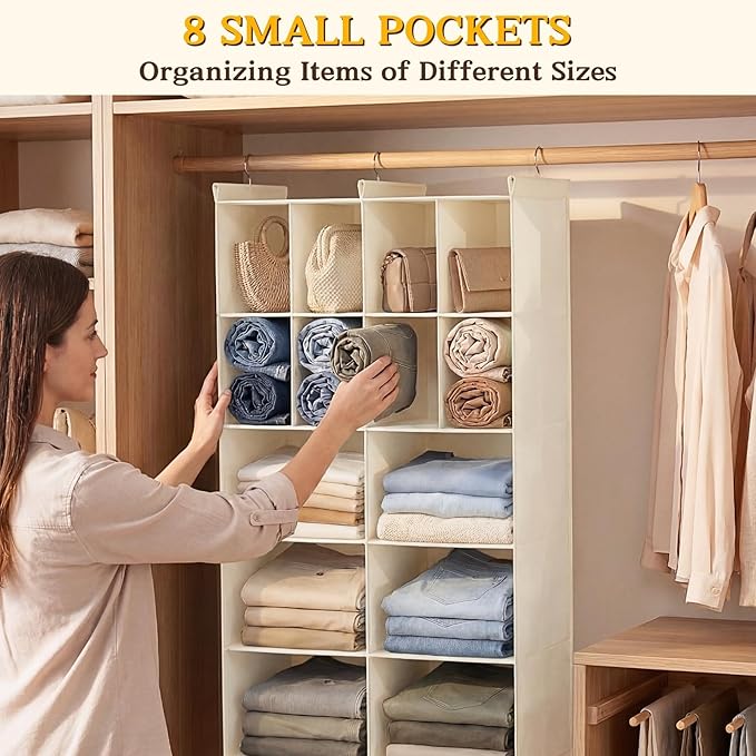 Ofiray-home 5 Tier Hanging Closet Organizer, 14 Compartments Sweater Organizer for Closet with 3 Sturdy Hooks, Closet Organizers and Storage, Wardrobe, Rv, Garment Rack, Beige