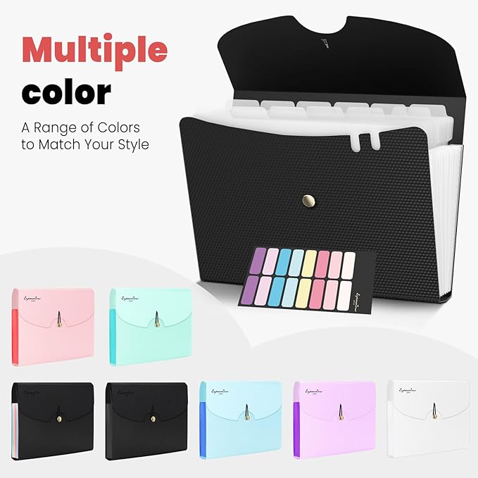 Sooez Expanding File Folder, 13 Pocket Accordion File Organizer, Monthly Expandable File Folder for Documents with Labels, Portable Bill Receipt Organizer for School Office Supplies, Letter A4 Size