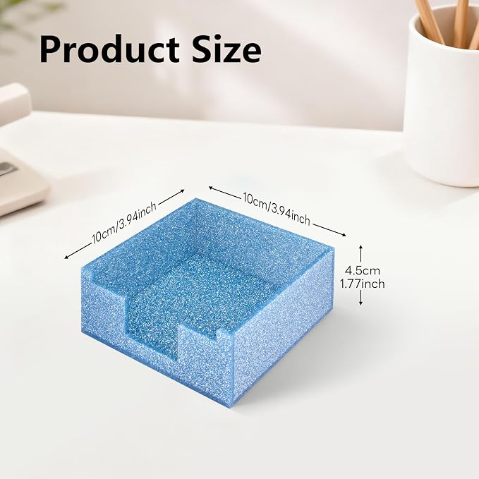 Acrylic Sticky Note Holder 4x4in Tray for Desk, Blue Glitter | Sparkling glitter acrylic tray, fits 3x3 sticky notes, compact organizer for office school and home