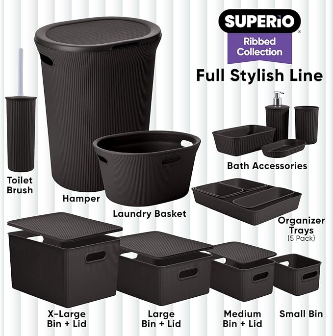 Superio Ribbed Collection - Decorative Plastic Basket Open Home Storage Bins Organizer, Medium Brown (2 Pack) Container Boxes for Organizing Closet Storage Bins for Shelves Drawer Shelf 5 Liter