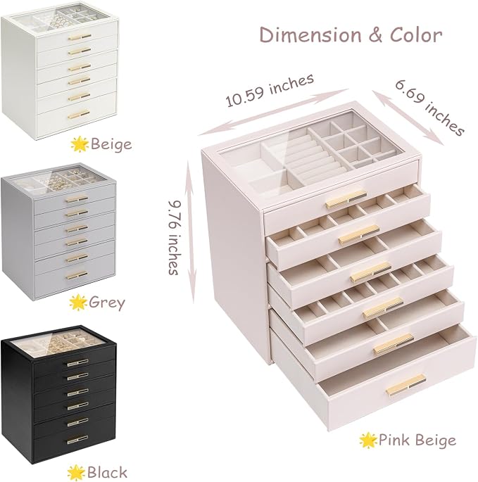 VLANDO 6-Drawer Jewelry Box with Glass Lid, Faux Leather Organizer for Rings Earrings Necklaces and More, Gift-Ready Jewelry Case for Women Girls or Moms, Beige