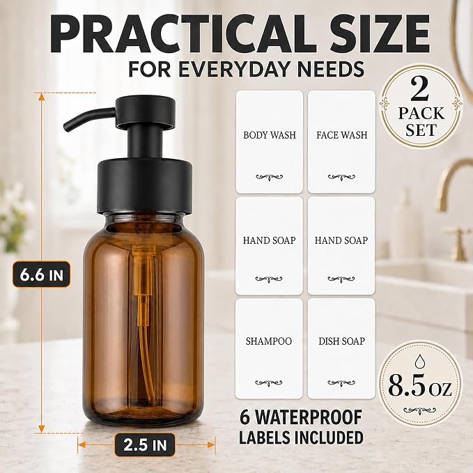 2Pcs Amber Glass Foaming Soap Dispenser - 8.5 oz Amber Glass Soap Dispenser with Pump, Compatible with Hand Soap, Dish Soap, Shampoo and Gel, Durable, Stylish & Refillable for Bathroom and Kitchen