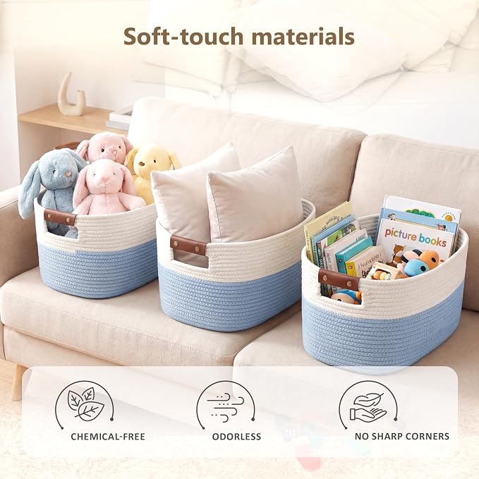 ECDYQXVU 15x10x9 Woven Cotton Rope Storage Basket, Leather Handles 1 Pack | Foldable Design, Sturdy PU Handles, Easy to Clean Organizer for Living Room, Closet, Shelves, Bedroom, Laundry, Clothes