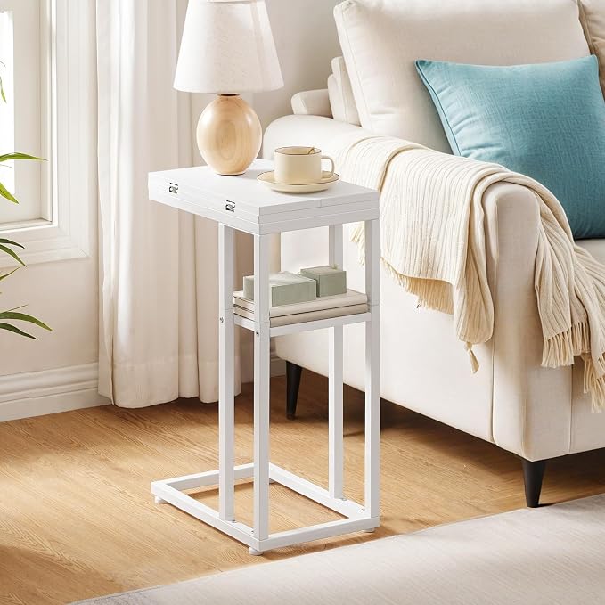 HOOBRO Foldable C Shaped End Table, C Shaped Side Table with Storage Shelf, Small Snack Table, Slide Under Couch Table for Sofa, Living Room Bedroom Small Spaces Easy Assembly, White WW29SF01