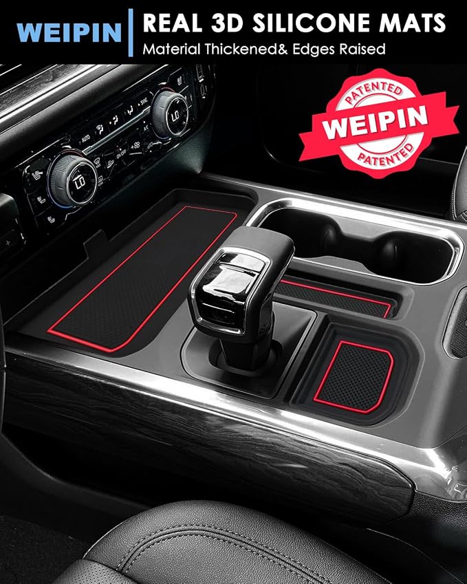 Silverado Sierra 1500 Console Liners - Compatible with Refreshed Models 2022-2026 Silverado/Sierra 1500 - [3D High-Edge Liquid Silicone] 6PCS Cup Holder Mats, Full Console w/Bucket Seats ONLY - Red
