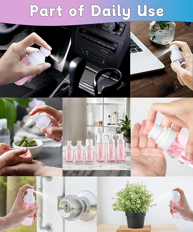 6 Pack Small Spray Bottles - Travel Size 3 Pack 1oz/30ml and 3 Pack 2oz/60ml with 3pcs Funnels, Fine Mist Mini Plastic Refillable Spray Bottles - Pink