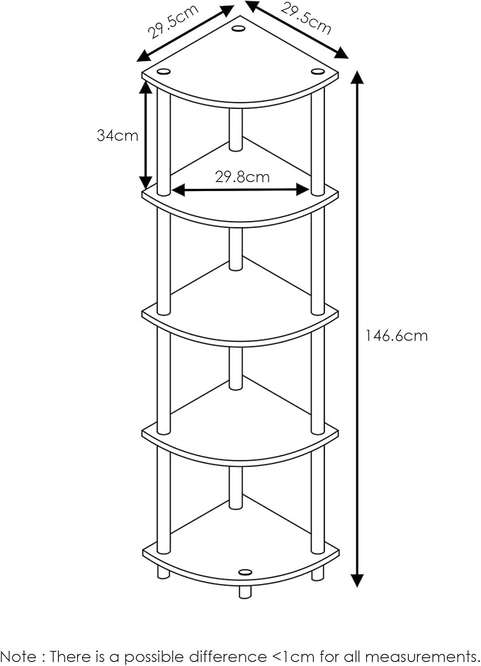 Furinno TURN-N-TUBE Corner Shelf, 5-Tier Corner Bookshelf, Open Storage Shelves, for Organization and Storage, Living Room, Home Office, Garage, Bedroom, Light Cherry