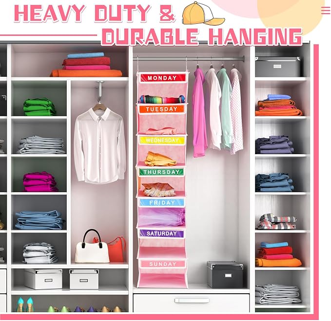 Amylove 2 Pcs 7 Shelf Weekly Clothes Organizer for Kids Hanging Closet Organizer 11. 8 x 11. 8 x 50 Inches Daily Activity Kids Clothes Storage Drawers Cube Drawers Closet Hanging Shelves(Pink)