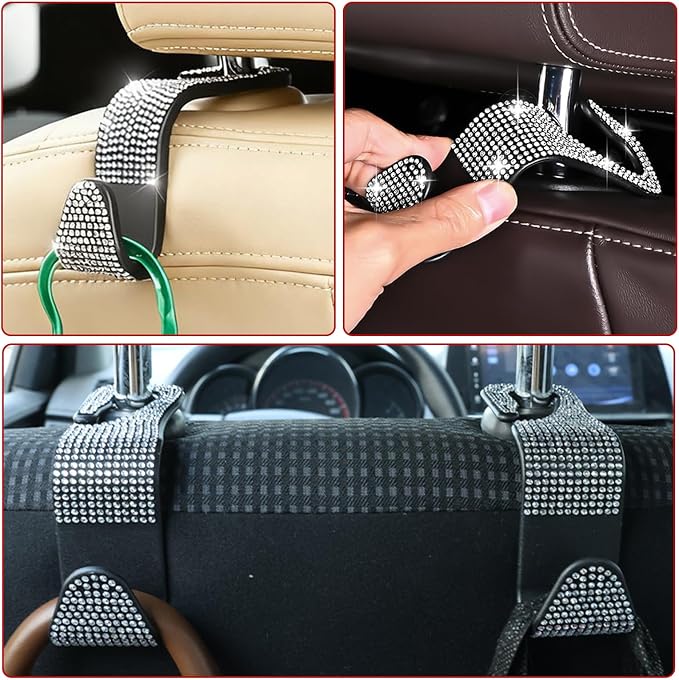 4PCS Bling Car Seat Headrest Hooks, Vehicle Back Seat Purse Handbag Hanging Holder with Crystal Rhinestone, Diamond Storage Organizer Hook,Bling Car Accessories for Women (White)