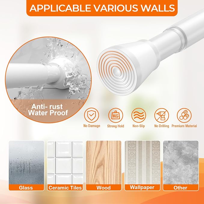 2Pack Spring Tension Curtain Rod 45 to 76 Inch 7/8" Diameter No Drilling Adjustable White Curtain Rods for Window Doorway Closet Door Kitchen Bathroom