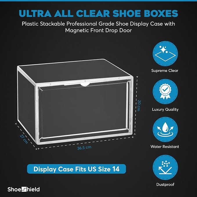 Ultra All Clear Shoe Boxes Plastic Stackable Professional Grade Shoe Display Case with Magnetic Side Drop Door Open Easy Assembly Modern Shoe Sneaker Display Case Fits US Size 14