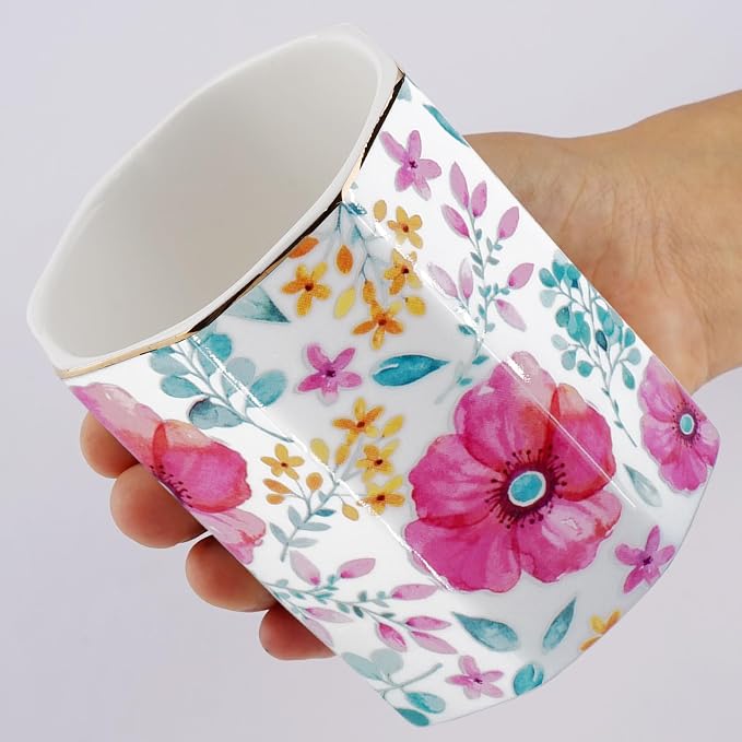 Pen Holder, Makeup Brush Holder Ceramic Shiny Gold Spring Floral Pattern Pencil Cup for Girls Kids Women Durable Stand Desk Organizer Storage Gift for Office, Classroom, Home (Purple Red)