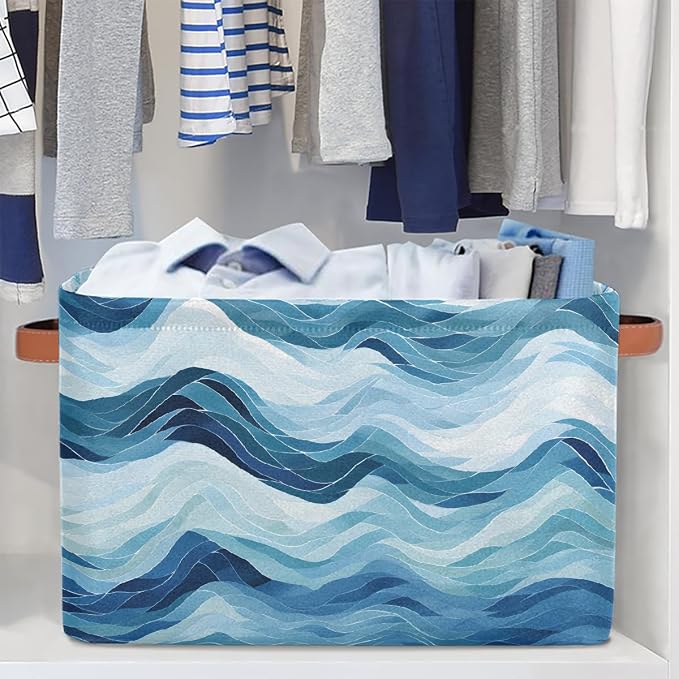 Rectangular Storage Bins Abstract Blue Waves Collapsible Fabric Storage Basket Organizer with Handles for Nursery Bedroom Bathroom
