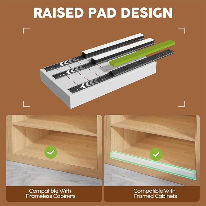 Seinloes 2 Pack Expandable (9"-14") Pull Out Cabinet Organizer 21" Deep With Raising Pad for Framed Cabinets,Upgrade 3 Slide Rails Slide Out Drawers,No Drill Roll Out Shelves Adhesive,White