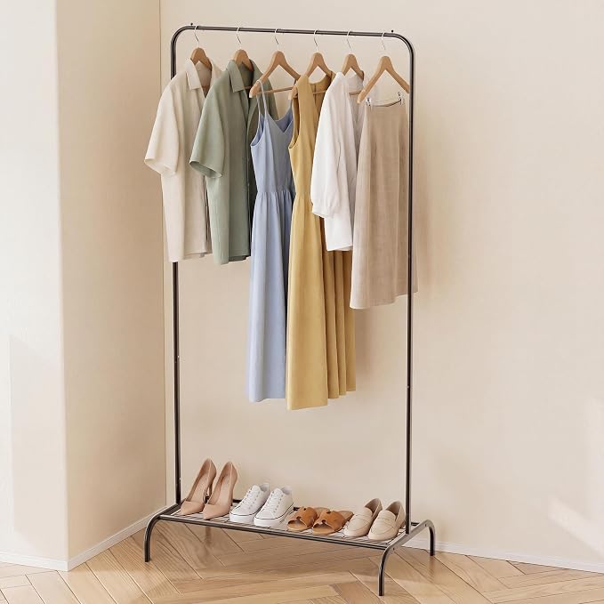 Black Clothing Rack for Small Spaces, 45" Height Garment Rack for Small Spaces, Stable Standing Clothing Organizer with Bottom Shelf, Portable Rack for Dorm, Apartment & Studio, 92LBS Capacity
