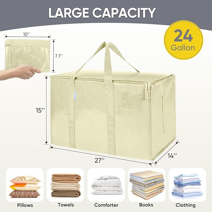 TICONN 2 Pack Extra Large Moving Bags Heavy Duty with Zippers & Carrying Handles, Durable Storage Bags Moving Boxes for Closet Organizers and Storage (2 Pack, Cream)