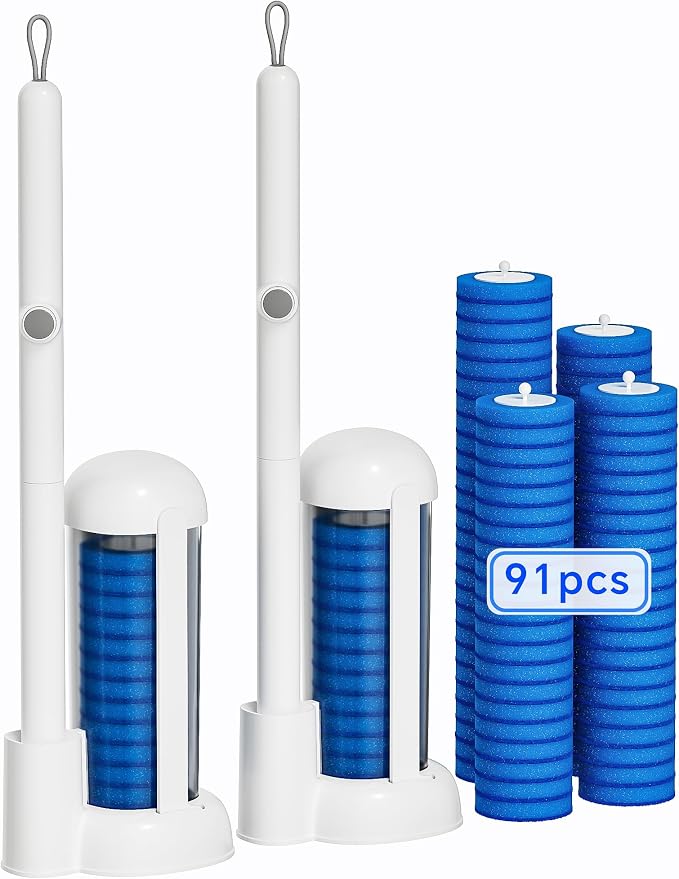 Toilet Brush Kit, Disposable Toilet Bowl Cleaner Brush with Blue Replacement Heads, Press-Button Wand and Self-Closing Freestanding Holder (2 Toilet Brush + 91 Refills)