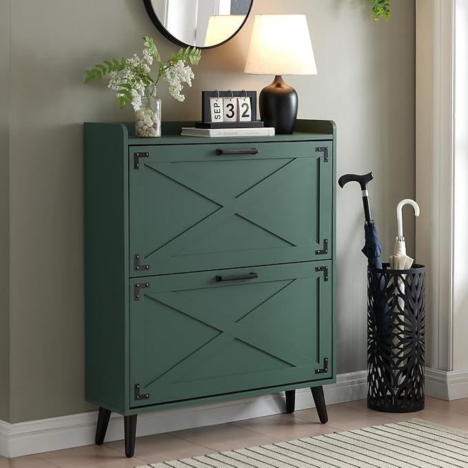 Barnyatoh Shoe Storage Cabinet,Farmhouse Shoe Organizer with 2 Flip Drawers & Barn Door Design,Freestanding Hidden Slim Narrow Shoe Rack Cabinet for Entryway,Foyer,Hallway,Green