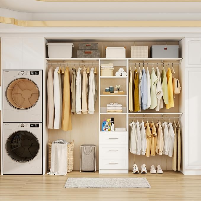 Closet System with Drawers, 5FT-8FT Closet Organizer System with Shelves & Adjustable Hanging Rods, 91.3" Walk in Closet System Storage Wood, White