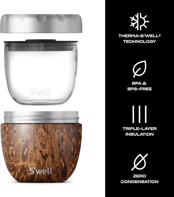 S'well,Stainless Steel Eats 2-in-1 Nesting Food Bowls, 21.5 oz, Teakwood