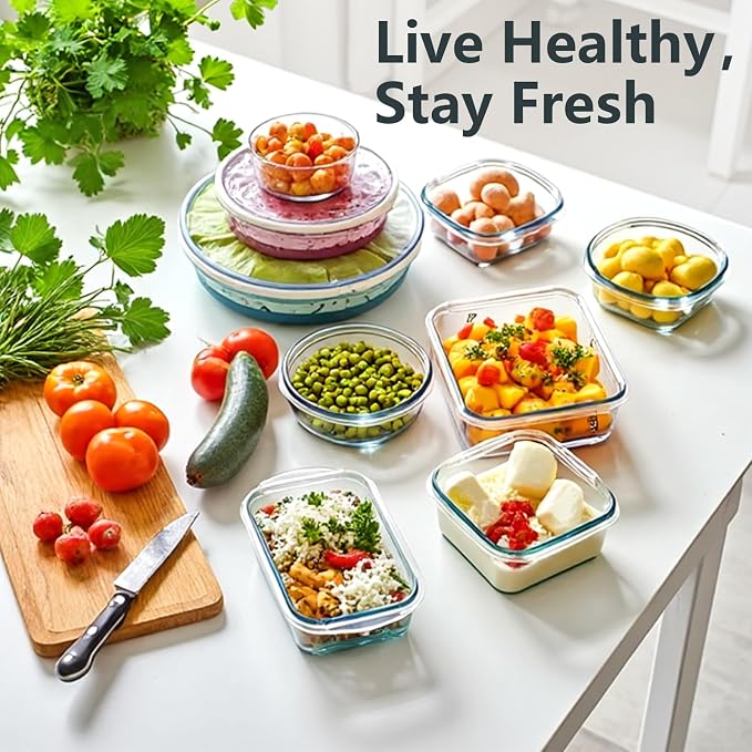 12 Pack Glass Food Storage Container Set with Lids Non Toxic, Stackable Borosilicate Glass Meal Prep Containers, Microwave, Oven, Freezer and Dishwasher Safe (Blue-12)