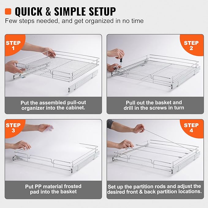 VEVOR 21.5" Wx21 Dx3.5 H Pull Out Cabinet Organizer, Heavy Duty Slide Out Pantry Shelves, Chrome-Plated Steel Roll Out Drawers, Storage for Home, Under Sink, 23" Wx22 Dx7 H Install Size for Cabinet