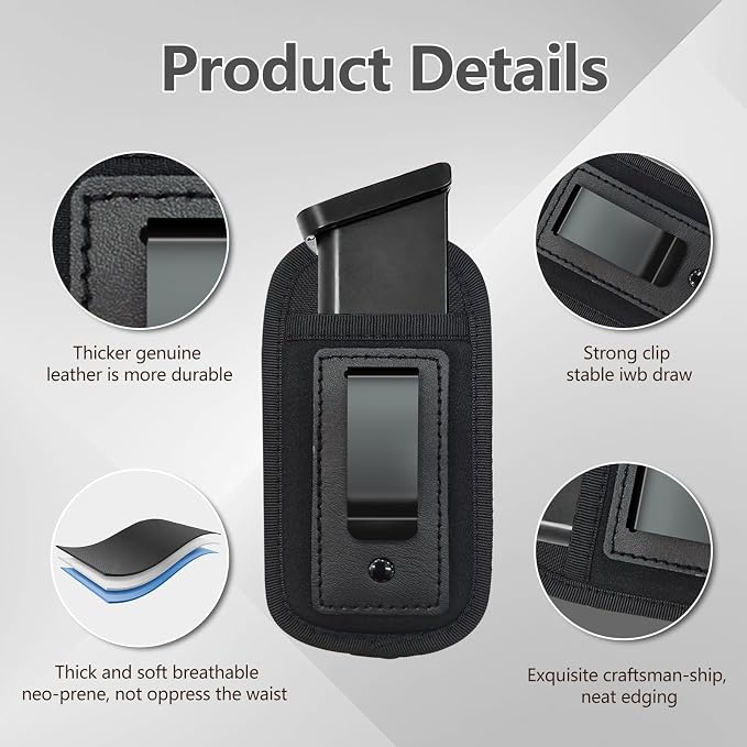 2 Pack Universal Magazine IWB Pouch Concealed Carry 9mm .40 .45 .380 .357, Mag Holster for S&W M&P Sig Sauer Ruger Glock, Handgun Ammo Gun Ammunition Holsters