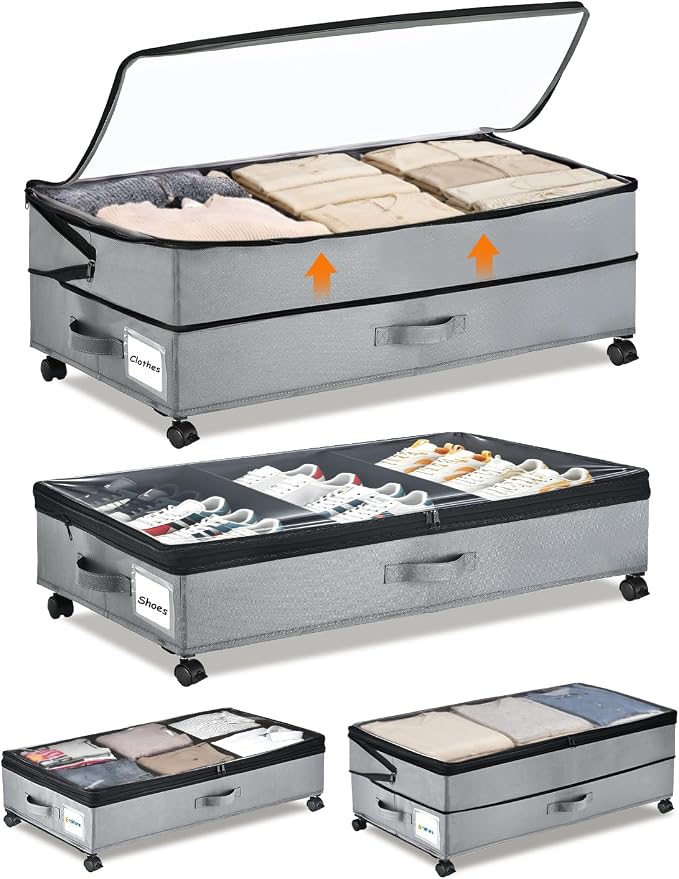 Under Bed Storage w/Wheels,70L Under Bed Containers,2 Pack-Grey | 11.5 Inch Under Bed Storage Containers,70L Large Adjustable Underbed w/ Lids,Rolling Underbed Storage Bins for Shoes,Clothes
