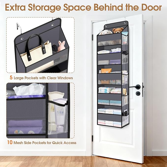 WISELIFE Over the Door Organizer Storage with 5 Large Pockets and Clear Windows, Hanging Organizer for Nursery Bedroom Bathroom Pantry Closet and Baby Essentials, Dark Grey