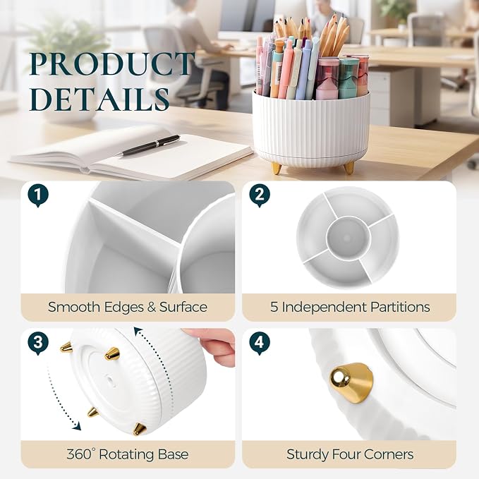 KONVINIT Pencil Pen Holder for Desk, 5 Slots 360-Degree Rotating Desktop Organizer, Cute Desk Organizers and Accessories for School, Home, Office and Art Supply, White