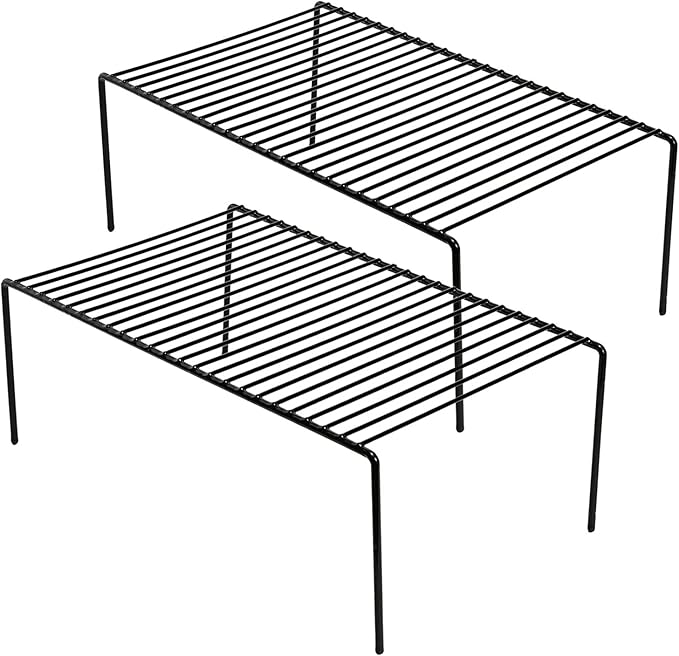 Kitchen Cabinet Shelf Organizer Set of 2, Large (15.7 x 9.4 inch) Metal Wire Pantry Storage Shelves, Dish Plate Racks for Cabinets, Freezer, Counter, Cupboard Organizers and Storage, Black