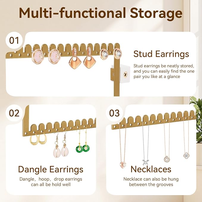 2 Tier Earring Holder Organizer Wall Mounted,2PCS Metal Earring Display Storage with 96 Holes and 92 Grooves Hanging Jewelry Organizer Tree for Stud/Hoop/Dangle Earrings Necklace（Gold）