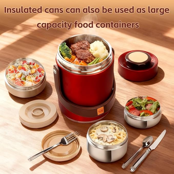 67oz Vacuum Insulated Lunch Food Container for Hot Food, 3 Tier Stackable | Adults Stainless Steel Wide Mouth Thermal Lunch Box, Leak-Proof Thermo Food Jar for Office & Outdoor (Red)