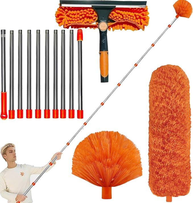 20+ Feet High Reach Dusting Kit with 3-14 ft Extension Pole //2 in 1 Window Cleaning Kit // High Ceiling Duster // Cobweb Microfiber Duster // Outdoor & Indoor Extendable Duster Cleaning Kit