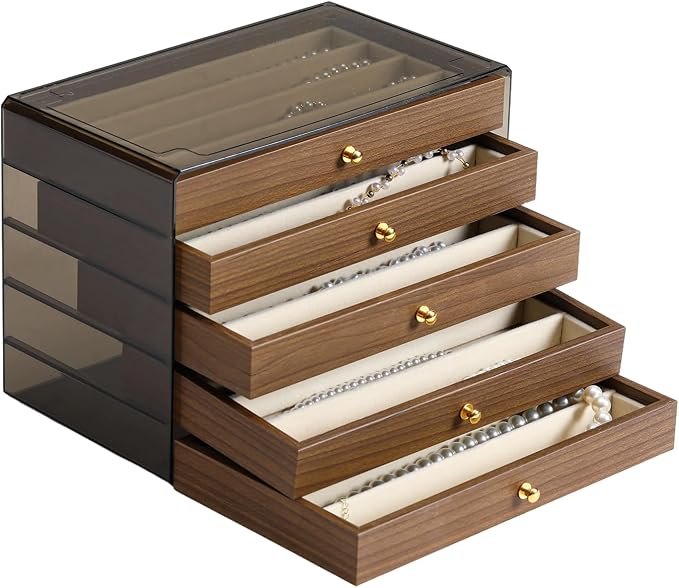 CLUQMEIK 5 Layer Necklace Jewelry Box, Vintage Wooden Jewelry Box with Acrylic Cover Stackable Necklace Storage Organizer for Women and Girls to Storing Necklaces